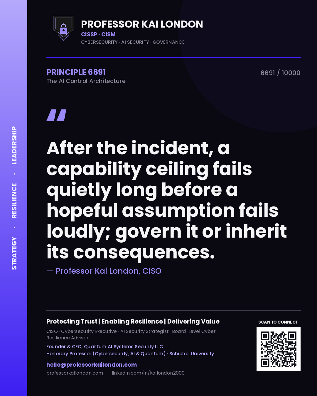 Quote card by Professor Kai London reading 'After the incident, a capability ceiling fails quietly long before a hopeful assumption fails loudly; govern it or inherit its consequences.'. From the book The AI Control Architecture.