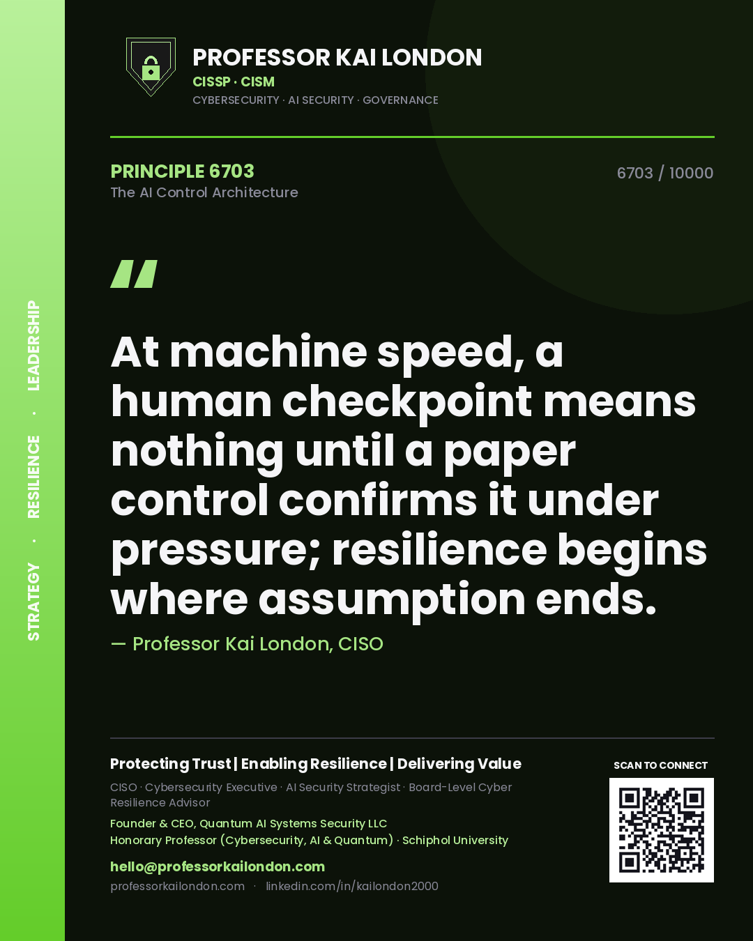 Quote card by Professor Kai London reading 'At machine speed, a human checkpoint means nothing until a paper control confirms it under pressure; resilience begins where assumption ends.'. From the book The AI Control Architecture.