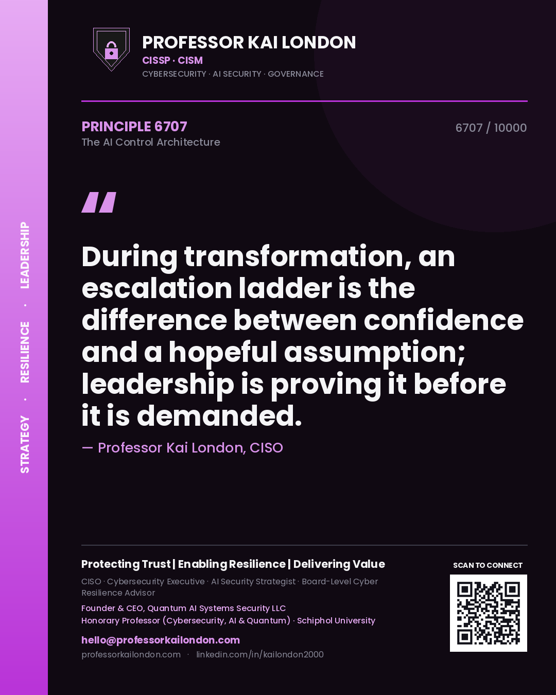 Professor Kai London principle 6707: During transformation, an escalation ladder is the difference between confidence and a hopeful assumption; leadership is proving it before it is demanded.