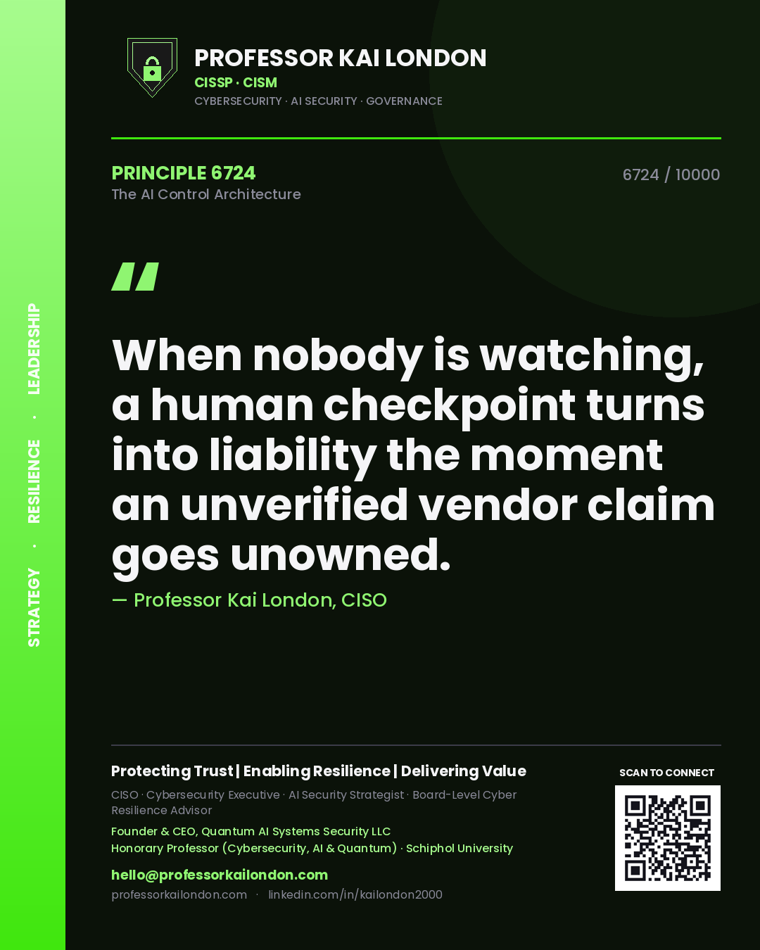 Professor Kai London principle 6724: When nobody is watching, a human checkpoint turns into liability the moment an unverified vendor claim goes unowned.