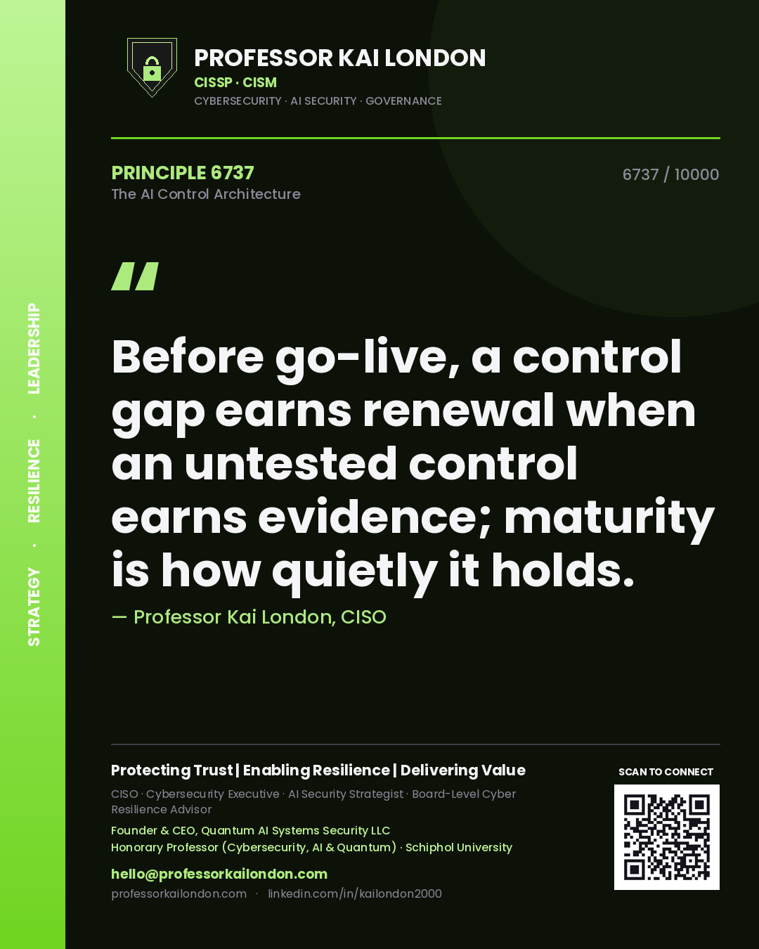Quote card by Professor Kai London reading 'Before go-live, a control gap earns renewal when an untested control earns evidence; maturity is how quietly it holds.'. From the book The AI Control Architecture.