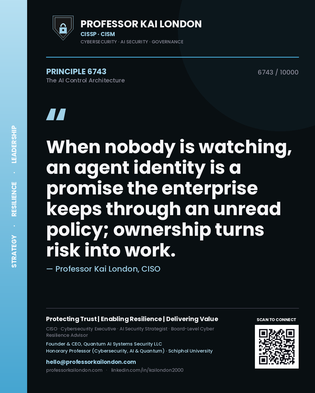 Professor Kai London principle 6743: When nobody is watching, an agent identity is a promise the enterprise keeps through an unread policy; ownership turns risk into work.