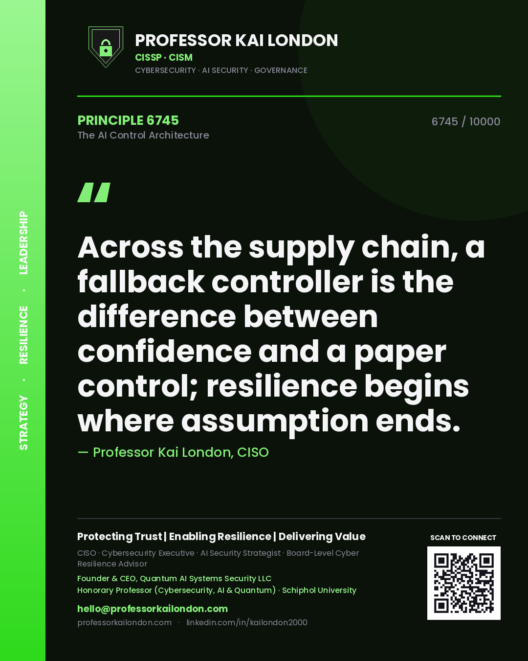 Quote card by Professor Kai London reading 'Across the supply chain, a fallback controller is the difference between confidence and a paper control; resilience begins where assumption ends.'. From the book The AI Control Architecture.