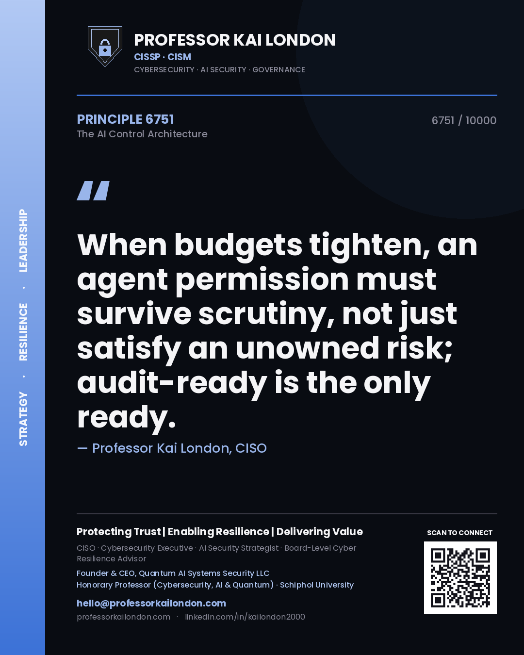 Professor Kai London principle 6751: When budgets tighten, an agent permission must survive scrutiny, not just satisfy an unowned risk; audit-ready is the only ready.