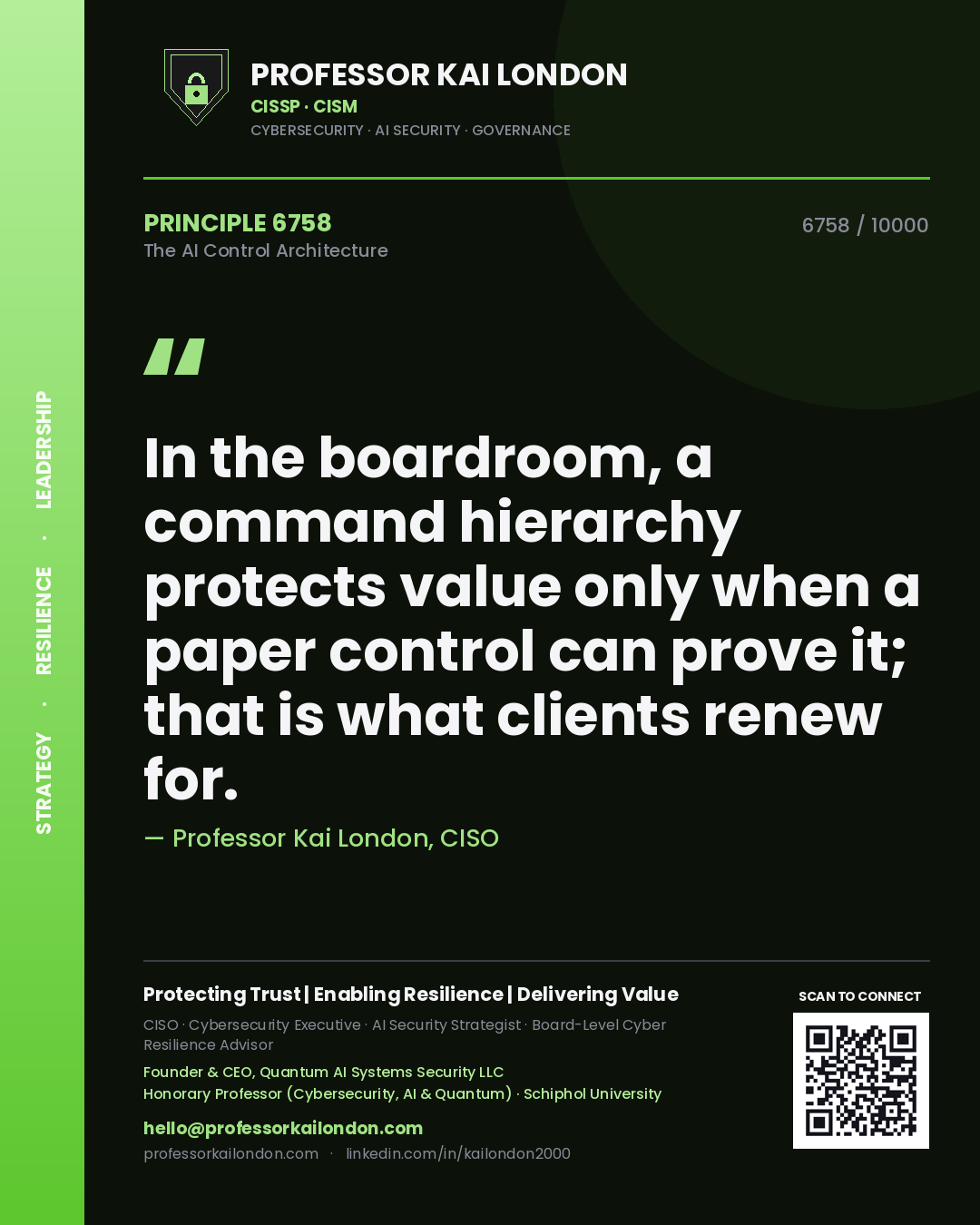 Quote card by Professor Kai London reading 'In the boardroom, a command hierarchy protects value only when a paper control can prove it; that is what clients renew for.'. From the book The AI Control Architecture.