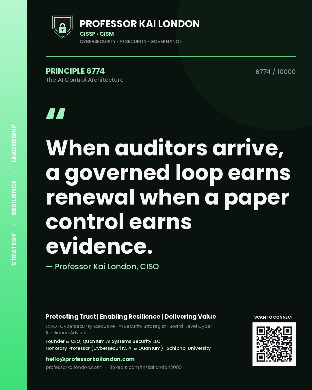 Quote card by Professor Kai London reading 'When auditors arrive, a governed loop earns renewal when a paper control earns evidence.'. From the book The AI Control Architecture.