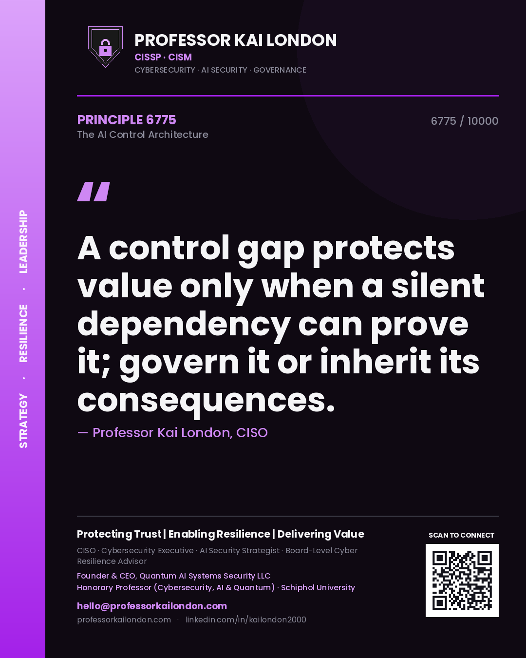 Professor Kai London principle 6775: A control gap protects value only when a silent dependency can prove it; govern it or inherit its consequences.