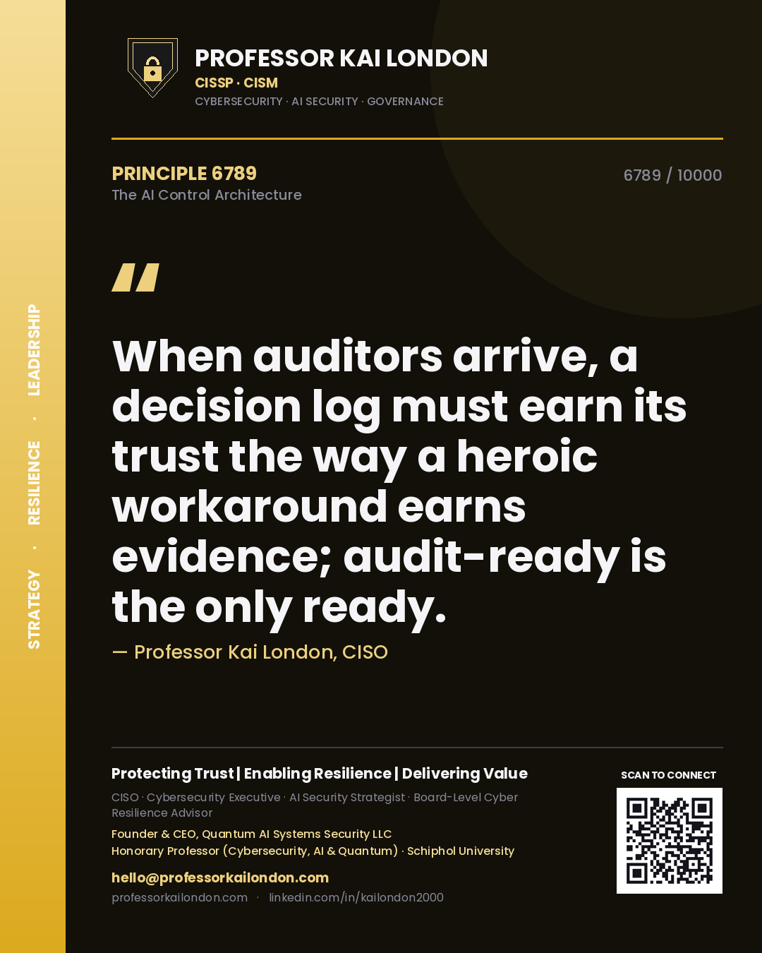 Quote card by Professor Kai London reading 'When auditors arrive, a decision log must earn its trust the way a heroic workaround earns evidence; audit-ready is the only ready.'. From the book The AI Control Architecture.