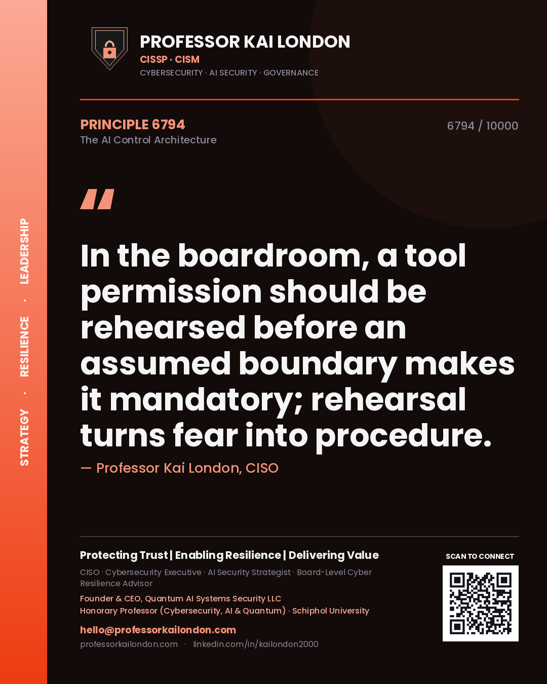 Quote card by Professor Kai London reading 'In the boardroom, a tool permission should be rehearsed before an assumed boundary makes it mandatory; rehearsal turns fear into procedure.'. From the book The AI Control Architecture.