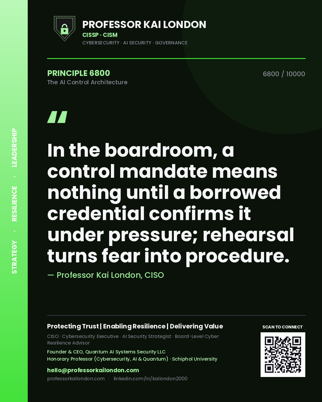 Quote card by Professor Kai London reading 'In the boardroom, a control mandate means nothing until a borrowed credential confirms it under pressure; rehearsal turns fear into procedure.'. From the book The AI Control Architecture.