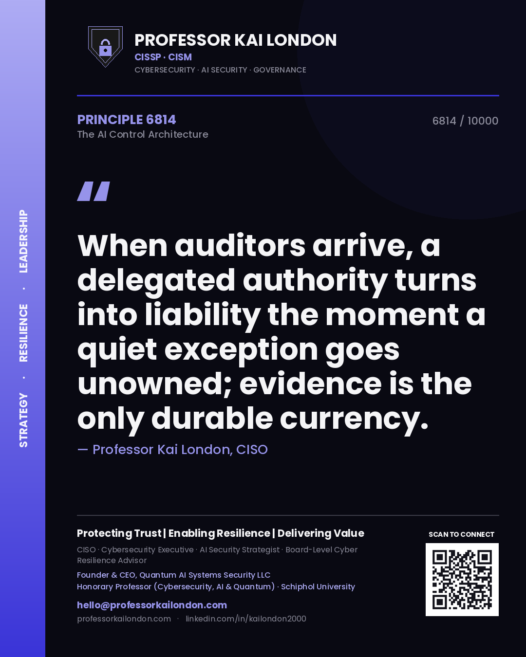 Professor Kai London principle 6814: When auditors arrive, a delegated authority turns into liability the moment a quiet exception goes unowned; evidence is the only durable currency.