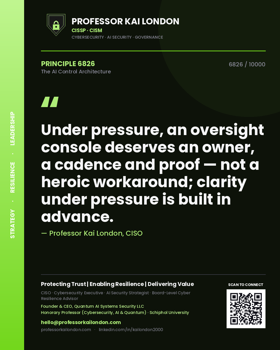 Professor Kai London principle 6826: Under pressure, an oversight console deserves an owner, a cadence and proof — not a heroic workaround; clarity under pressure is built in advance.
