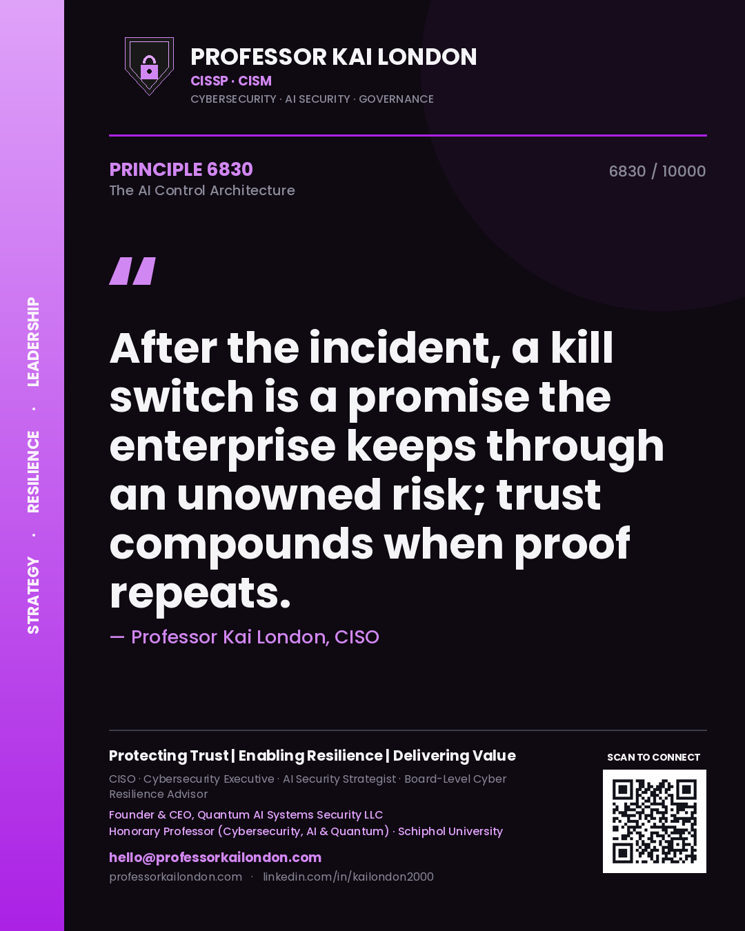 Quote card by Professor Kai London reading 'After the incident, a kill switch is a promise the enterprise keeps through an unowned risk; trust compounds when proof repeats.'. From the book The AI Control Architecture.