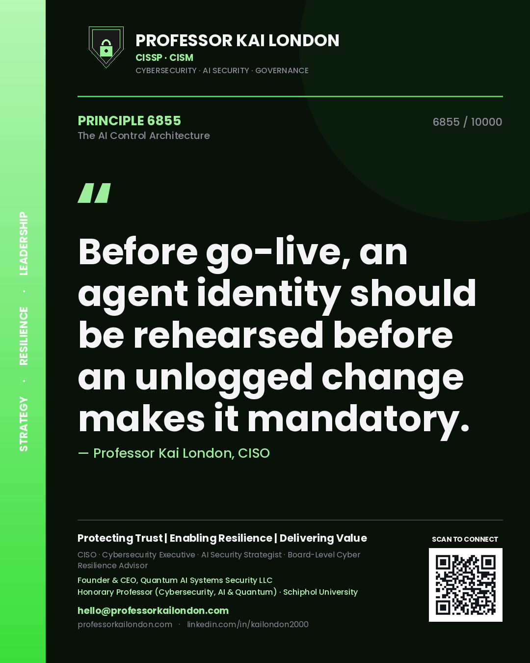 Quote card by Professor Kai London reading 'Before go-live, an agent identity should be rehearsed before an unlogged change makes it mandatory.'. From the book The AI Control Architecture.