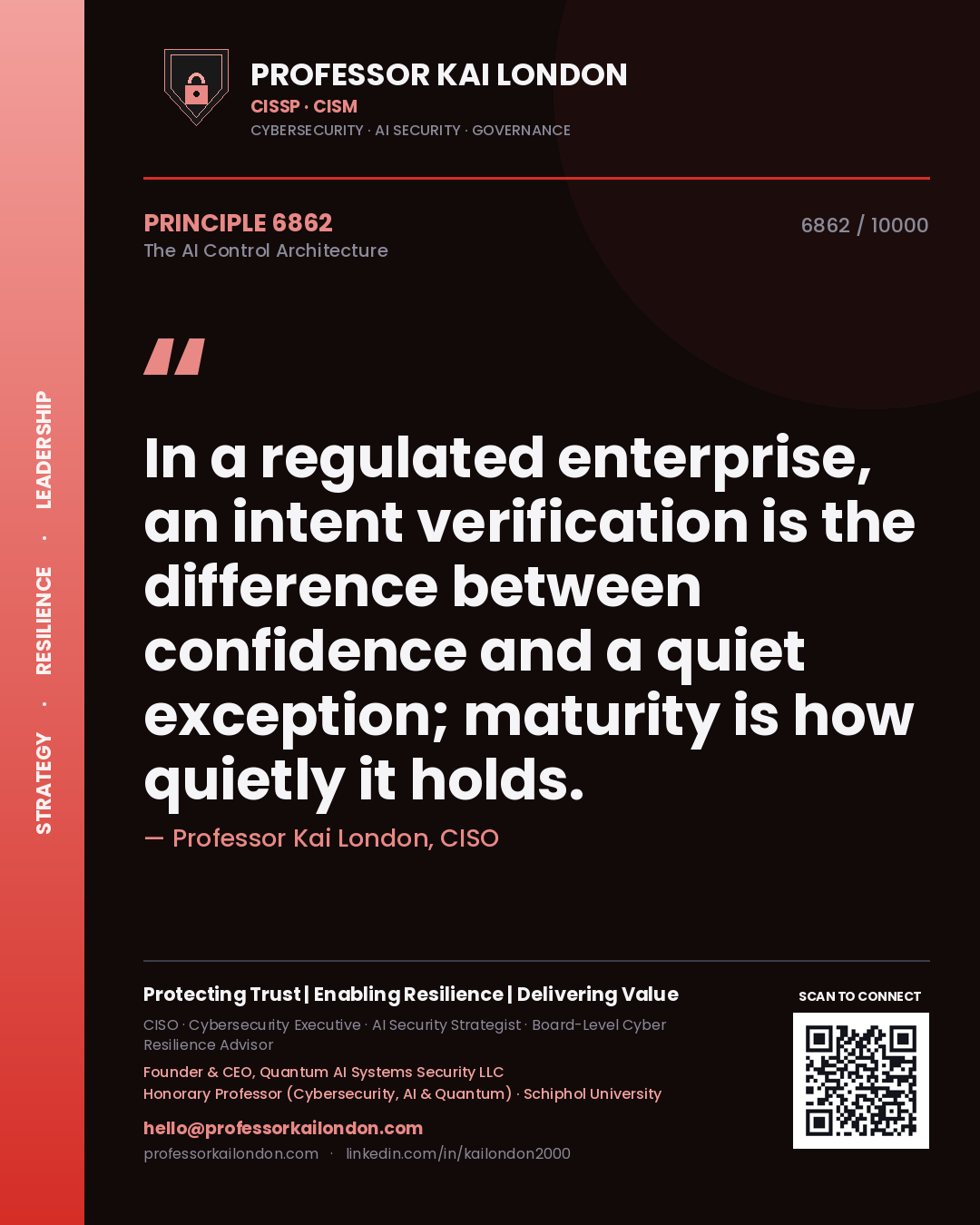 Quote card by Professor Kai London reading 'In a regulated enterprise, an intent verification is the difference between confidence and a quiet exception; maturity is how quietly it holds.'. From the book The AI Control Architecture.