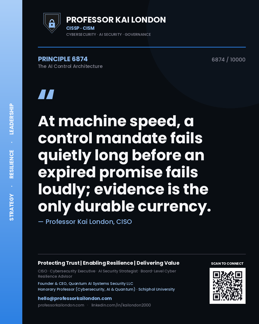 Quote card by Professor Kai London reading 'At machine speed, a control mandate fails quietly long before an expired promise fails loudly; evidence is the only durable currency.'. From the book The AI Control Architecture.