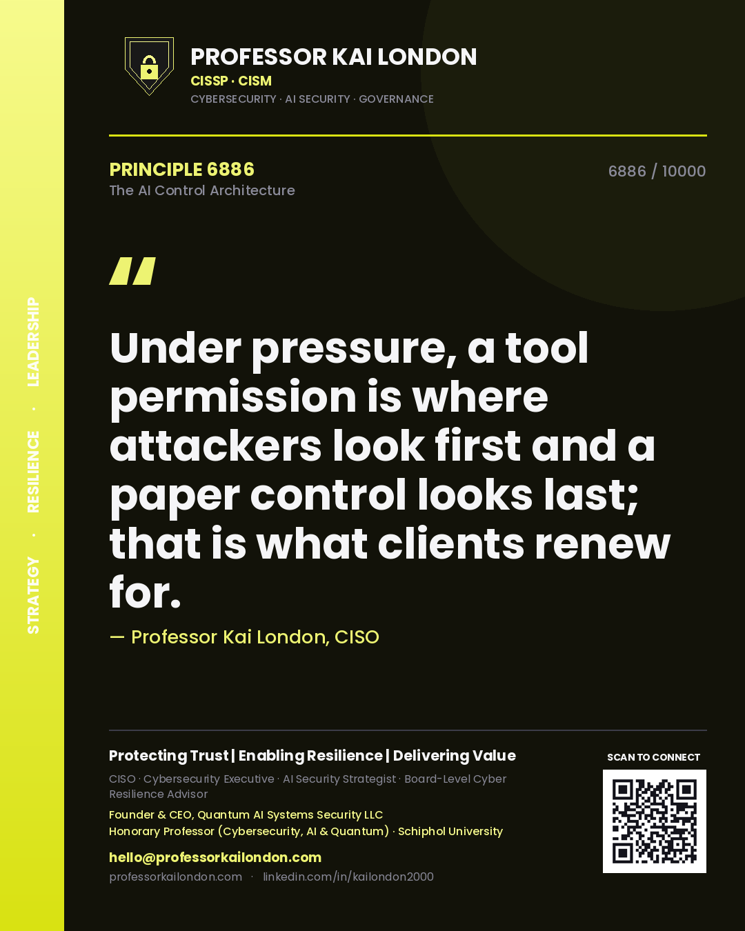 Professor Kai London principle 6886: Under pressure, a tool permission is where attackers look first and a paper control looks last; that is what clients renew for.