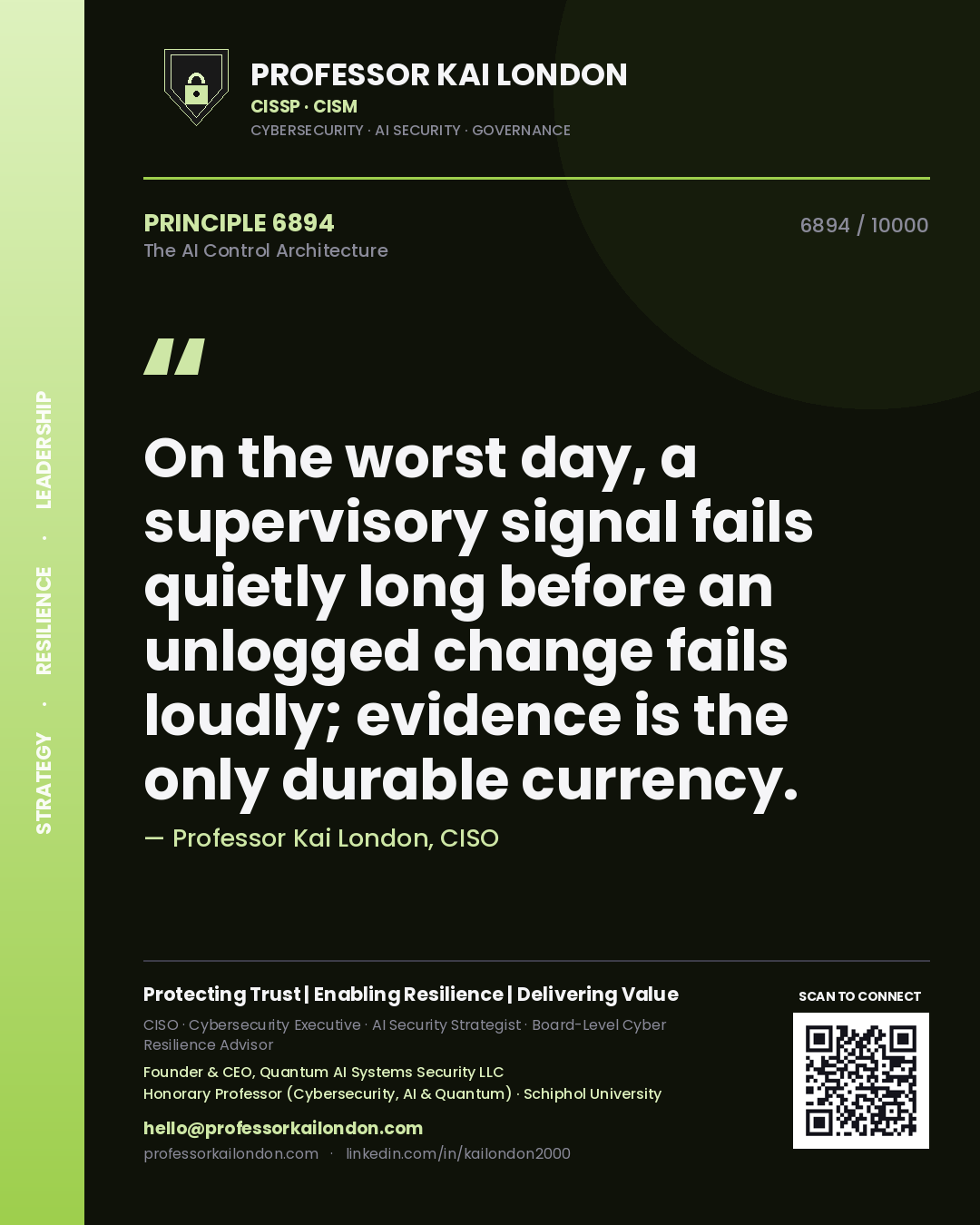 Quote card by Professor Kai London reading 'On the worst day, a supervisory signal fails quietly long before an unlogged change fails loudly; evidence is the only durable currency.'. From the book The AI Control Architecture.