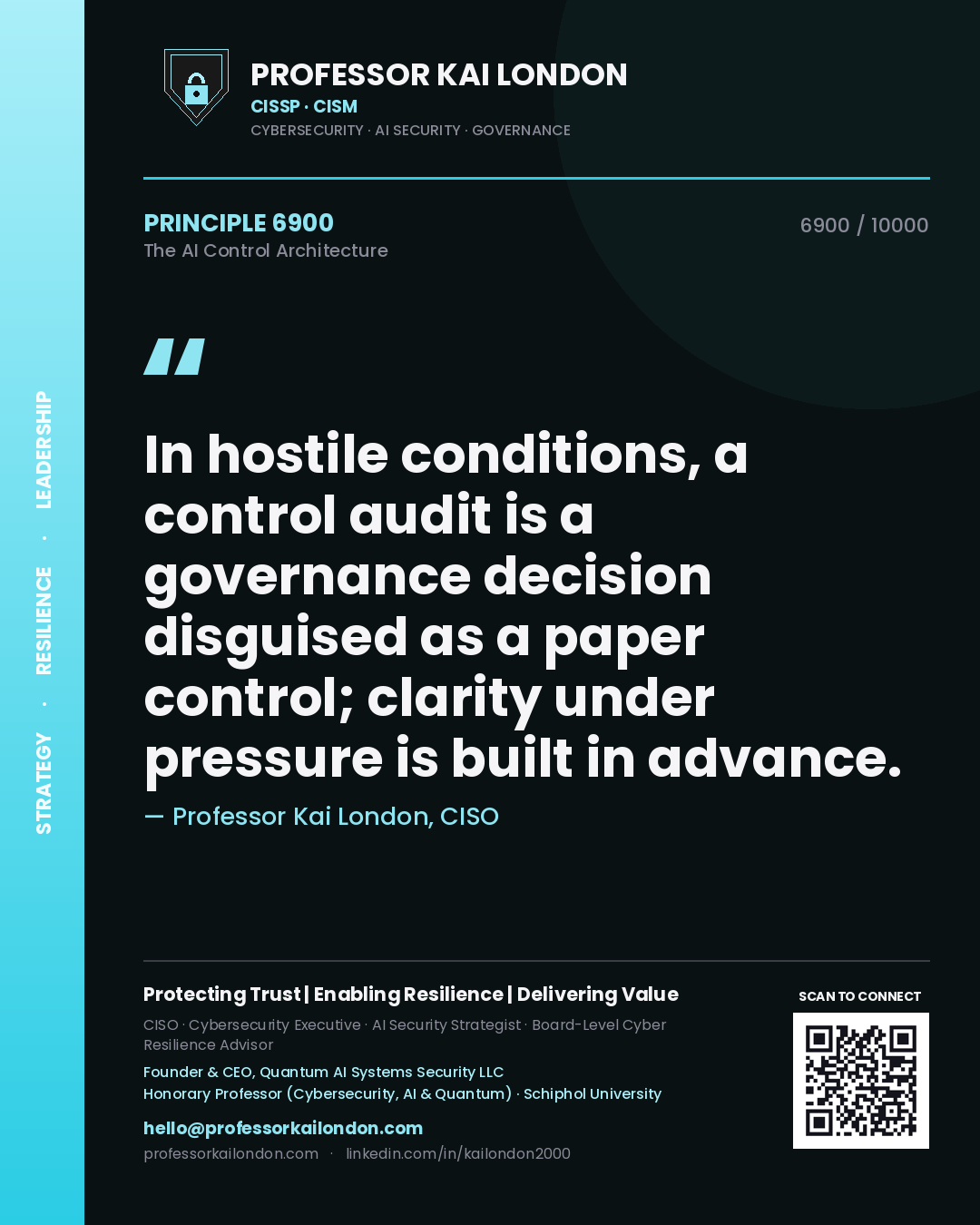 Professor Kai London principle 6900: In hostile conditions, a control audit is a governance decision disguised as a paper control; clarity under pressure is built in advance.