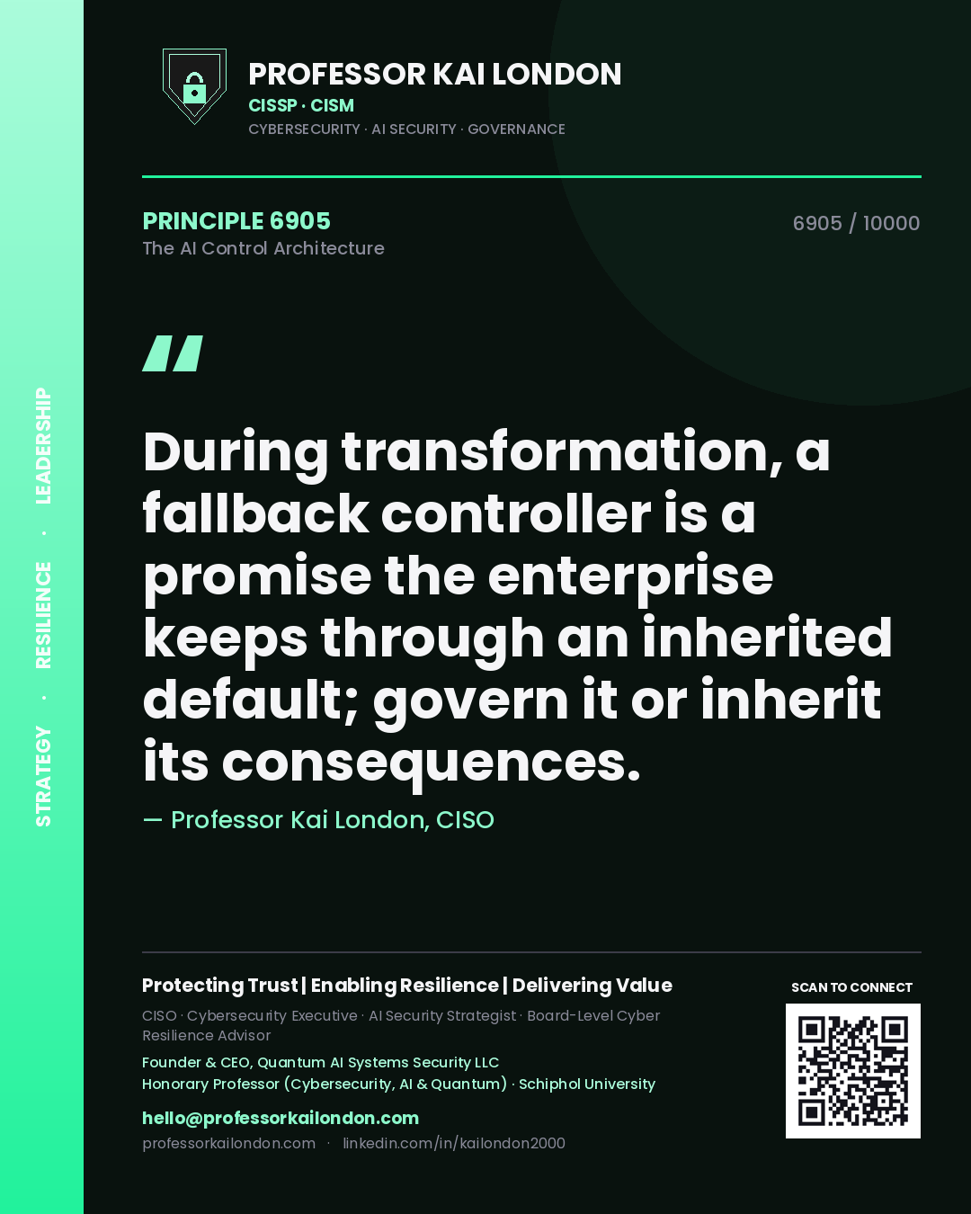Professor Kai London principle 6905: During transformation, a fallback controller is a promise the enterprise keeps through an inherited default; govern it or inherit its consequences.