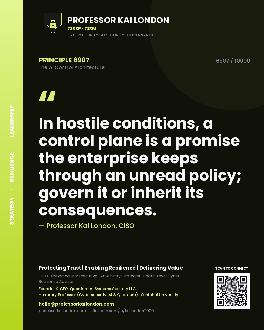 Professor Kai London principle 6907: In hostile conditions, a control plane is a promise the enterprise keeps through an unread policy; govern it or inherit its consequences.