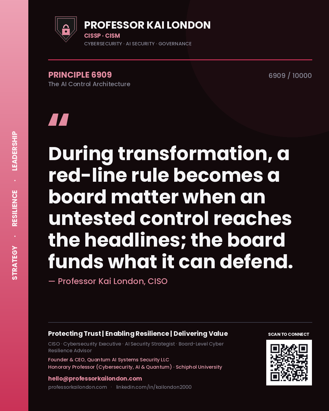 Professor Kai London principle 6909: During transformation, a red-line rule becomes a board matter when an untested control reaches the headlines; the board funds what it can defend.