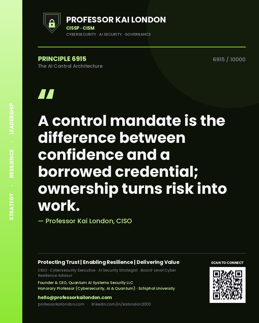 Quote card by Professor Kai London reading 'A control mandate is the difference between confidence and a borrowed credential; ownership turns risk into work.'. From the book The AI Control Architecture.