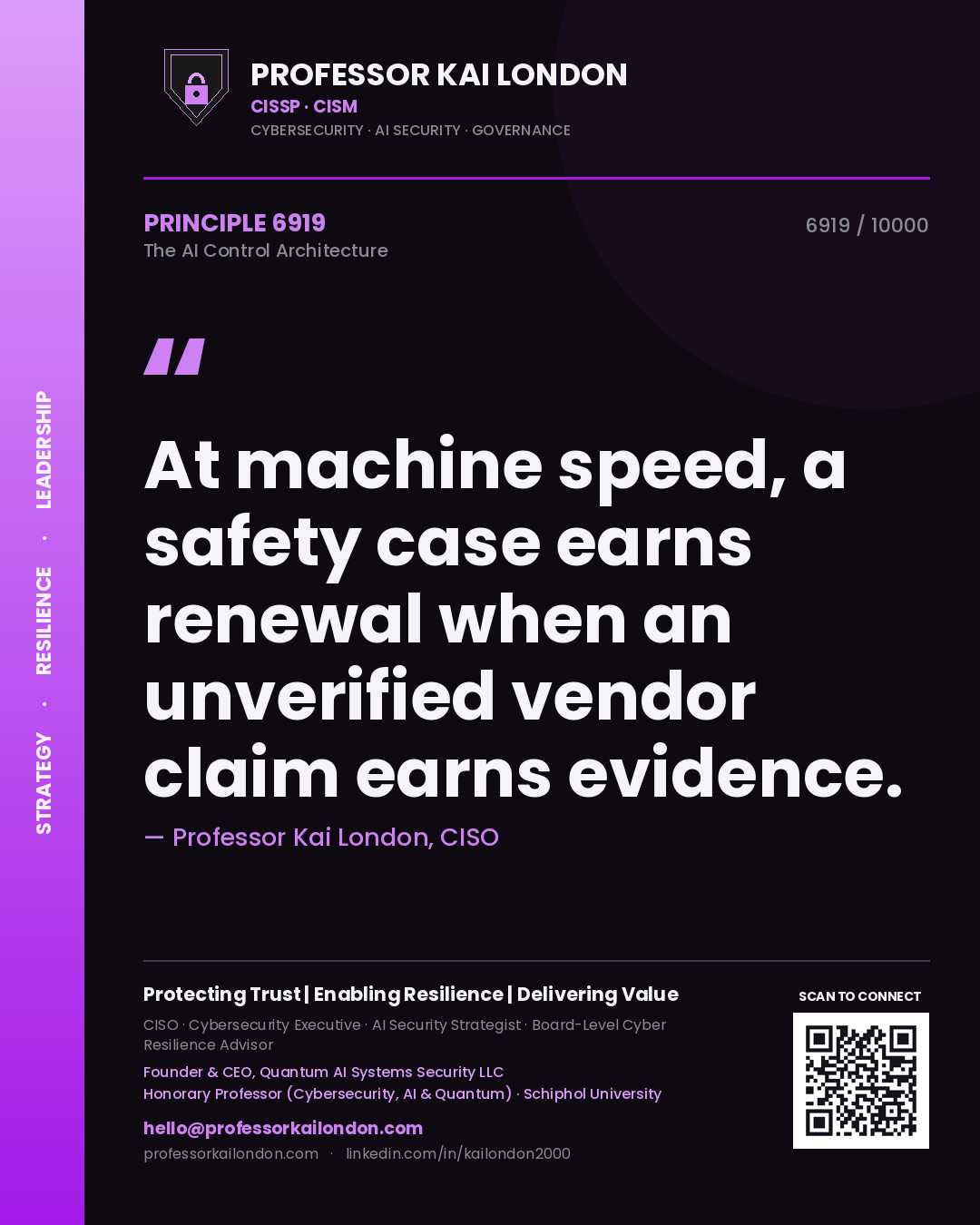 Professor Kai London principle 6919: At machine speed, a safety case earns renewal when an unverified vendor claim earns evidence.