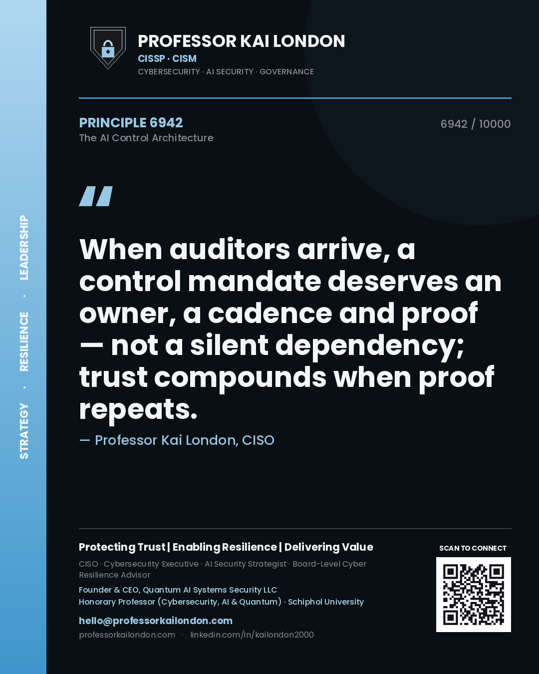 Quote card by Professor Kai London reading 'When auditors arrive, a control mandate deserves an owner, a cadence and proof — not a silent dependency; trust compounds when proof repeats.'. From the book The AI Control Architecture.