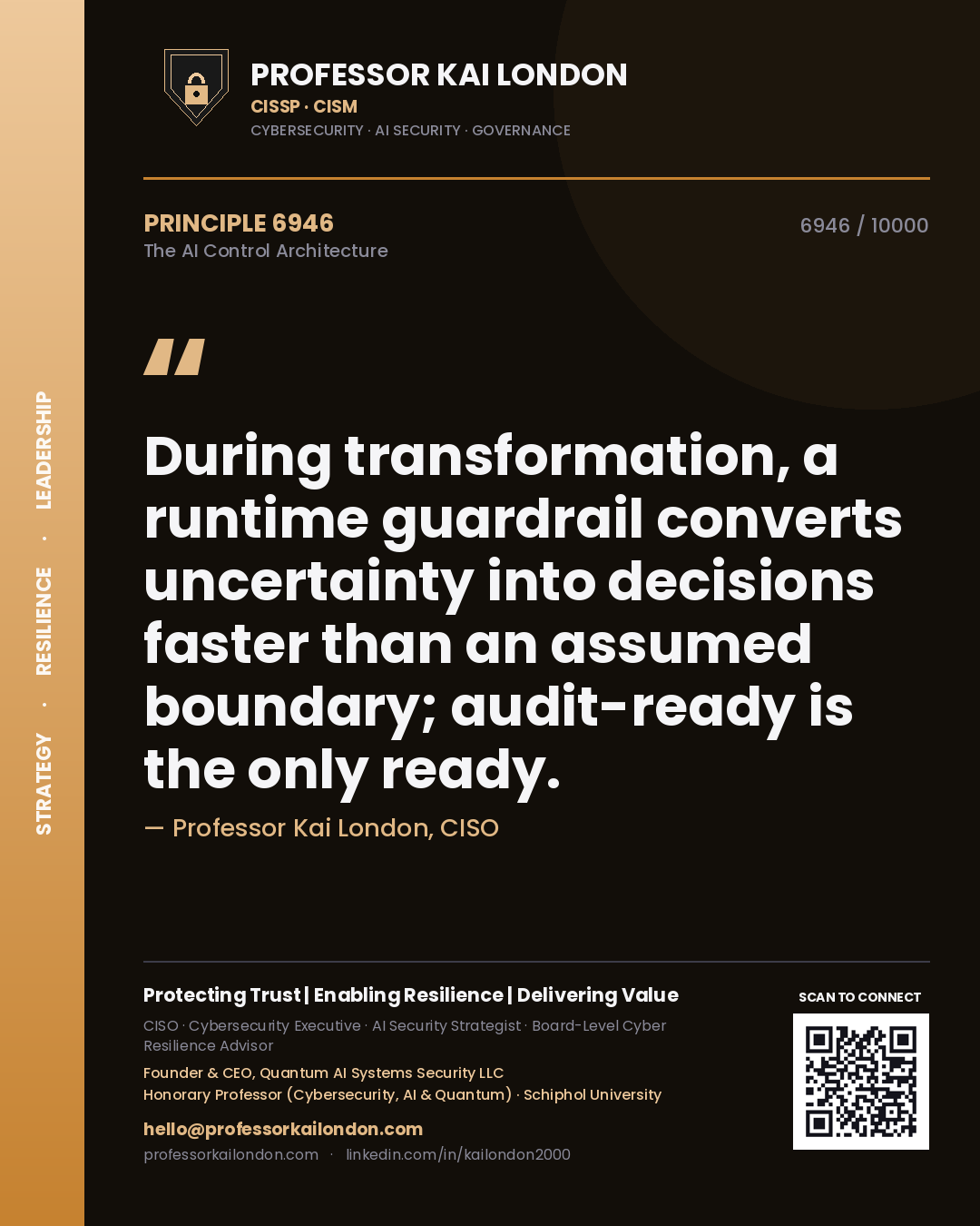 Quote card by Professor Kai London reading 'During transformation, a runtime guardrail converts uncertainty into decisions faster than an assumed boundary; audit-ready is the only ready.'. From the book The AI Control Architecture.