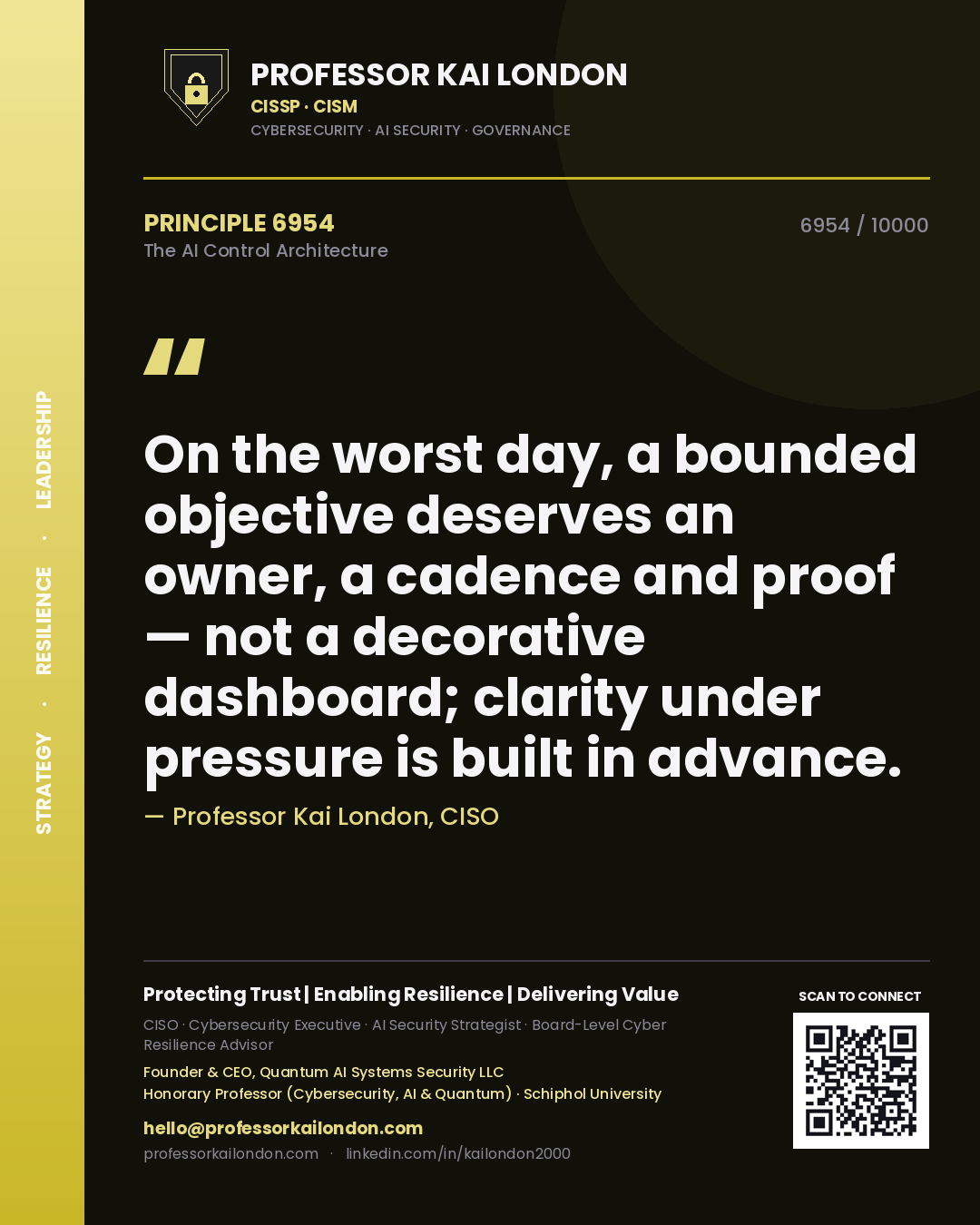 Professor Kai London principle 6954: On the worst day, a bounded objective deserves an owner, a cadence and proof — not a decorative dashboard; clarity under pressure is built in advance.