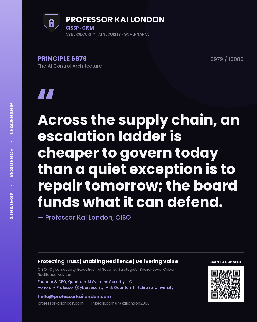Professor Kai London principle 6979: Across the supply chain, an escalation ladder is cheaper to govern today than a quiet exception is to repair tomorrow; the board funds what it can defend.