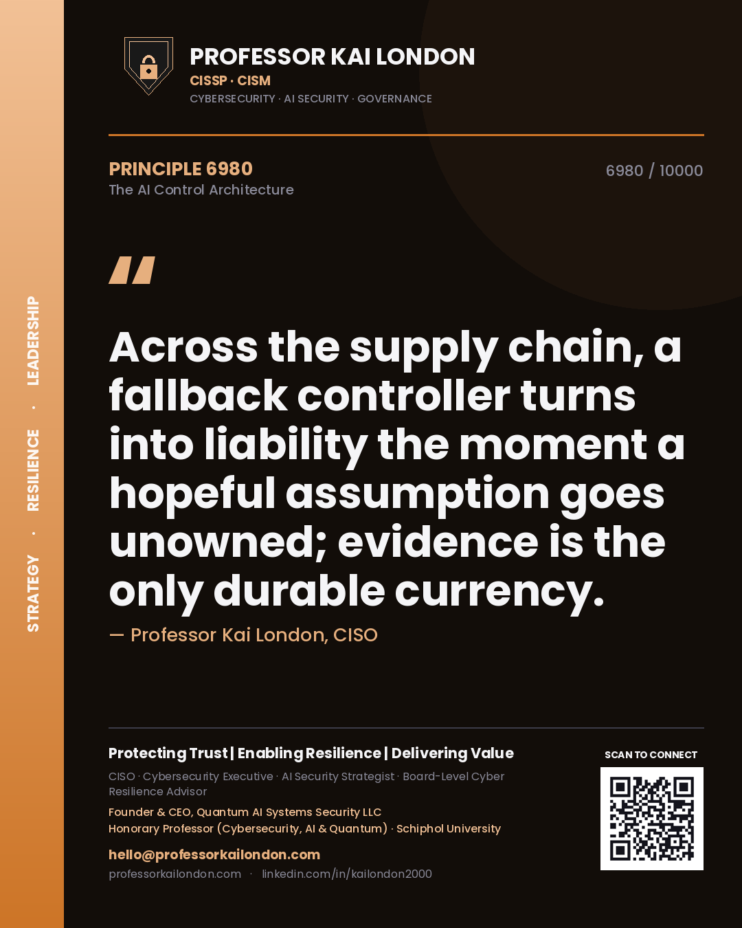 Quote card by Professor Kai London reading 'Across the supply chain, a fallback controller turns into liability the moment a hopeful assumption goes unowned; evidence is the only durable currency.'. From the book The AI Control Architecture.
