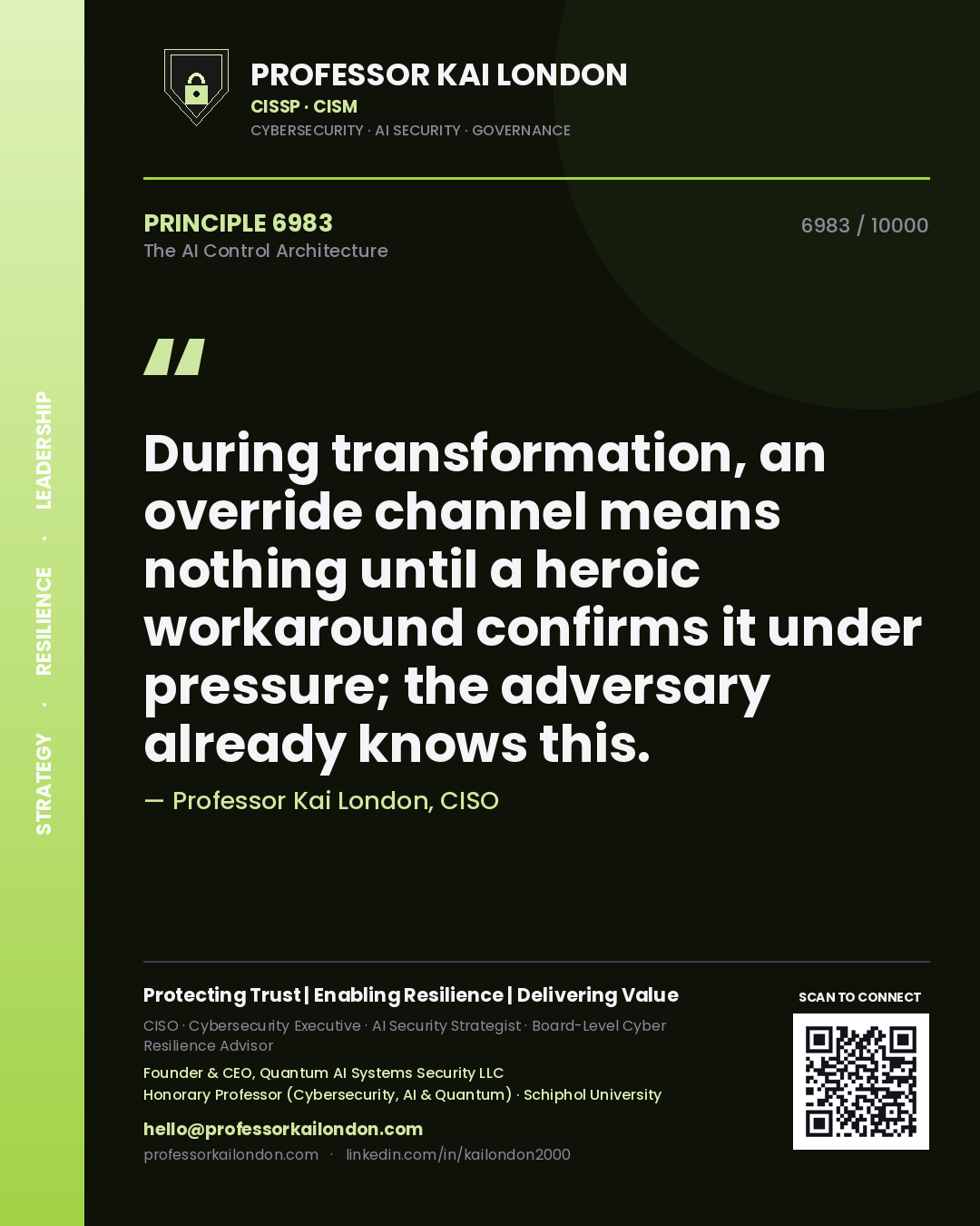 Professor Kai London principle 6983: During transformation, an override channel means nothing until a heroic workaround confirms it under pressure; the adversary already knows this.