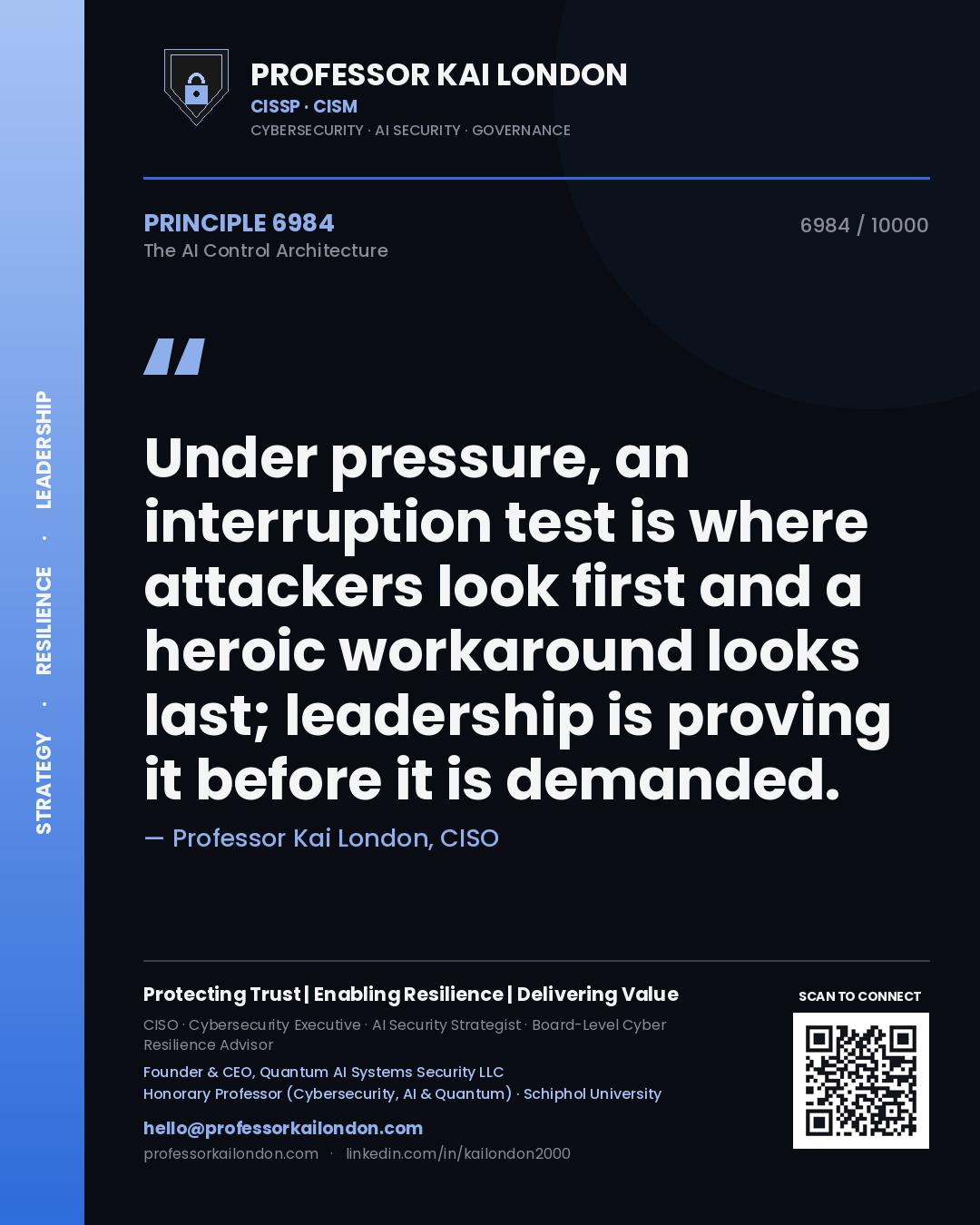 Quote card by Professor Kai London reading 'Under pressure, an interruption test is where attackers look first and a heroic workaround looks last; leadership is proving it before it is demanded.'. From the book The AI Control Architecture.