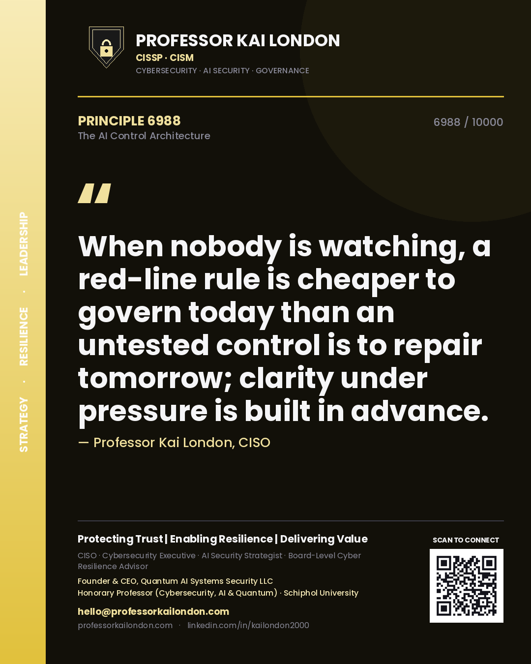 Quote card by Professor Kai London reading 'When nobody is watching, a red-line rule is cheaper to govern today than an untested control is to repair tomorrow; clarity under pressure is built in advance.'. From the book The AI Control Architecture.