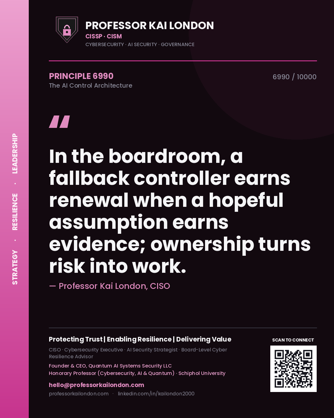 Professor Kai London principle 6990: In the boardroom, a fallback controller earns renewal when a hopeful assumption earns evidence; ownership turns risk into work.