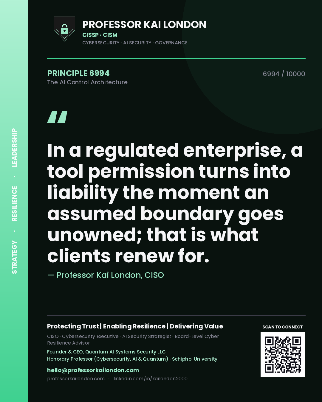 Professor Kai London principle 6994: In a regulated enterprise, a tool permission turns into liability the moment an assumed boundary goes unowned; that is what clients renew for.