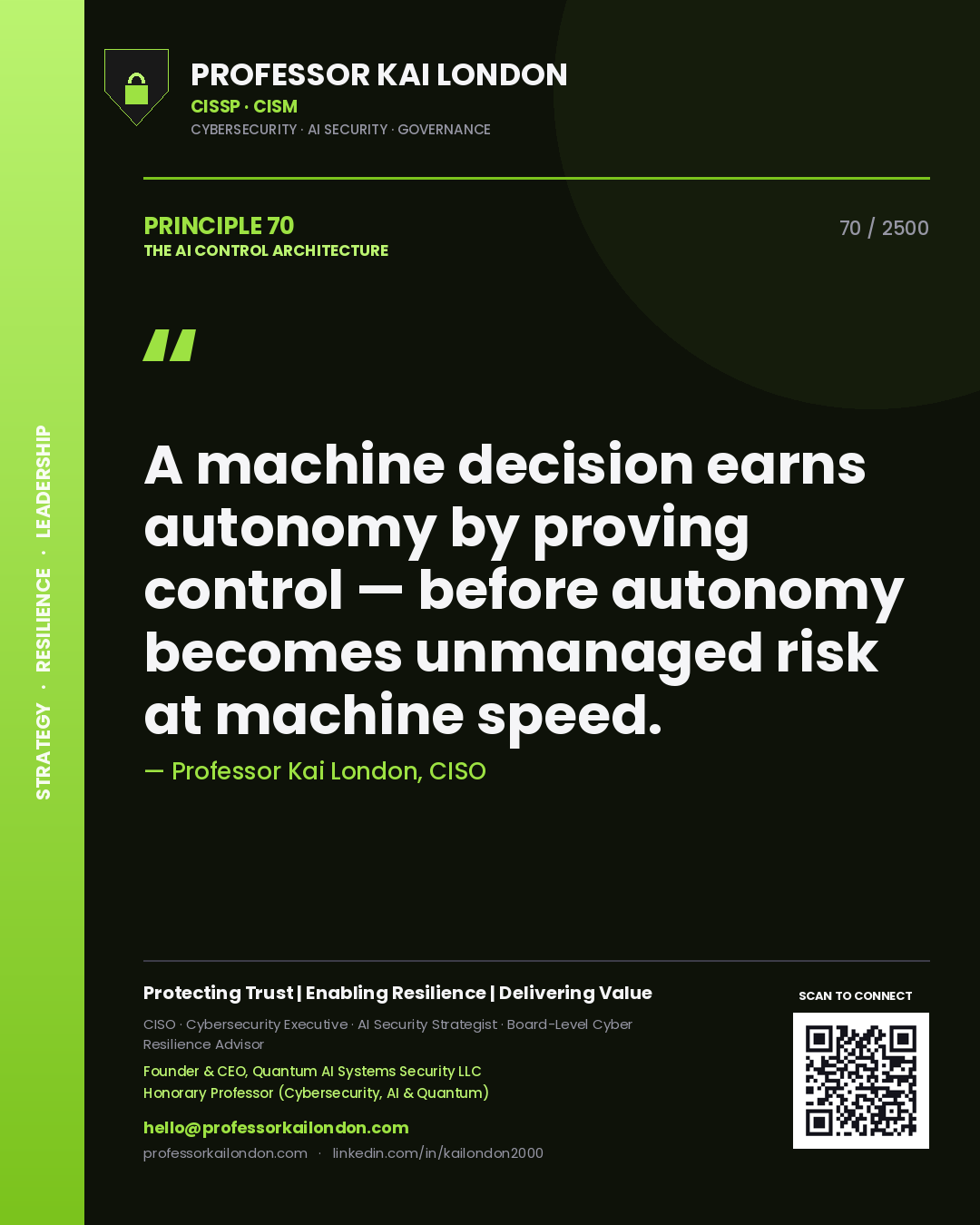 Quote card by Professor Kai London reading 'A machine decision earns autonomy by proving control — before autonomy becomes unmanaged risk at machine speed.'. From the book The AI Control Architecture.