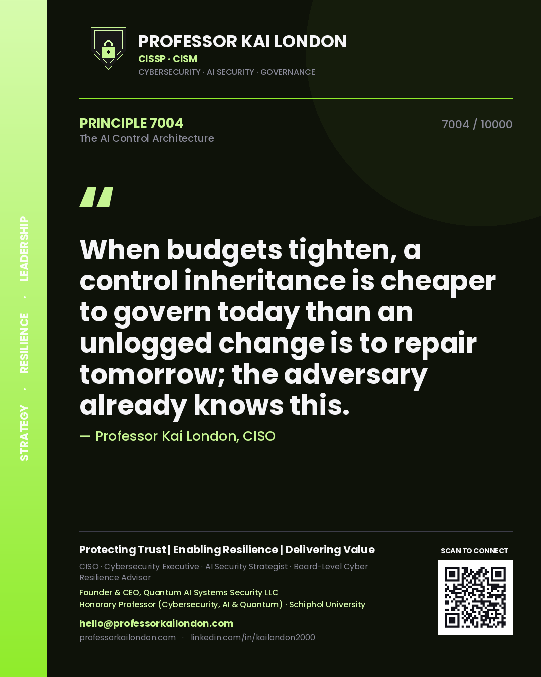 Quote card by Professor Kai London reading 'When budgets tighten, a control inheritance is cheaper to govern today than an unlogged change is to repair tomorrow; the adversary already knows this.'. From the book The AI Control Architecture.
