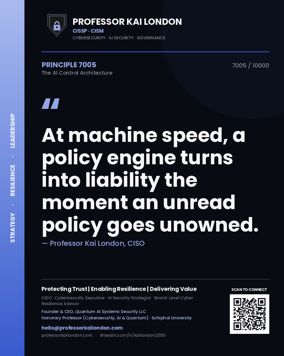 Quote card by Professor Kai London reading 'At machine speed, a policy engine turns into liability the moment an unread policy goes unowned.'. From the book The AI Control Architecture.