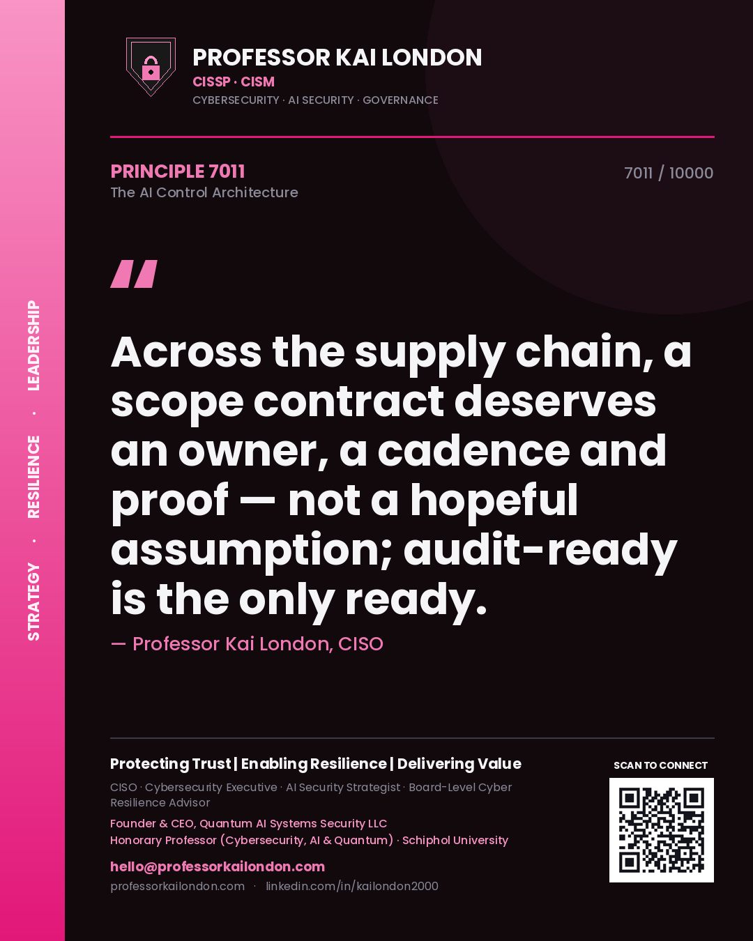 Professor Kai London principle 7011: Across the supply chain, a scope contract deserves an owner, a cadence and proof — not a hopeful assumption; audit-ready is the only ready.
