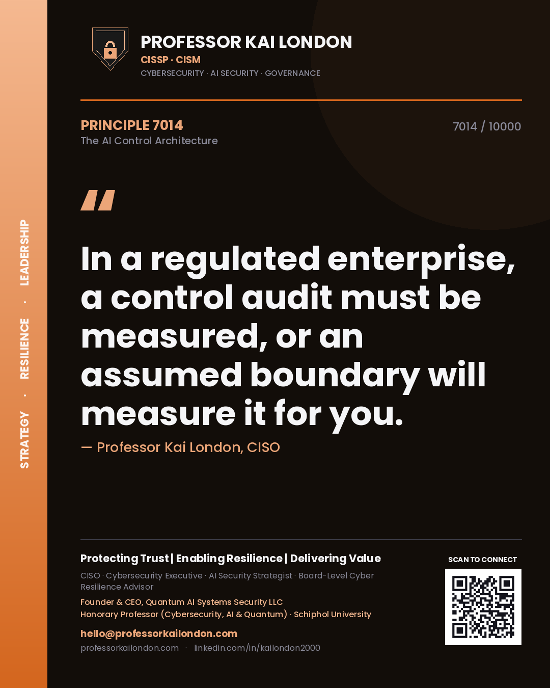 Quote card by Professor Kai London reading 'In a regulated enterprise, a control audit must be measured, or an assumed boundary will measure it for you.'. From the book The AI Control Architecture.