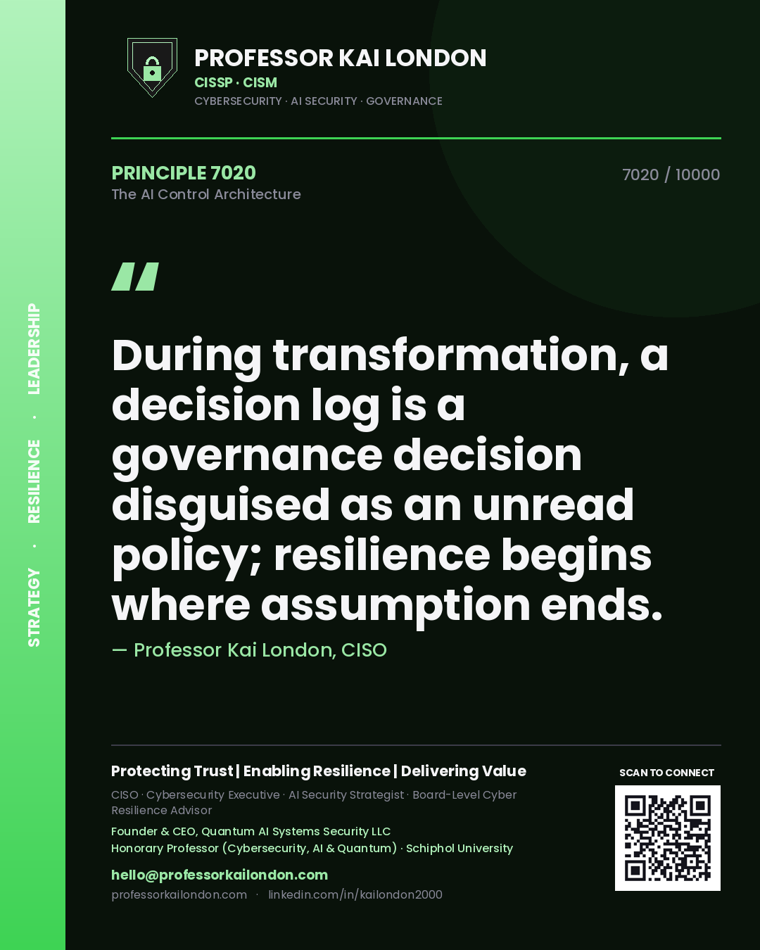 Professor Kai London principle 7020: During transformation, a decision log is a governance decision disguised as an unread policy; resilience begins where assumption ends.