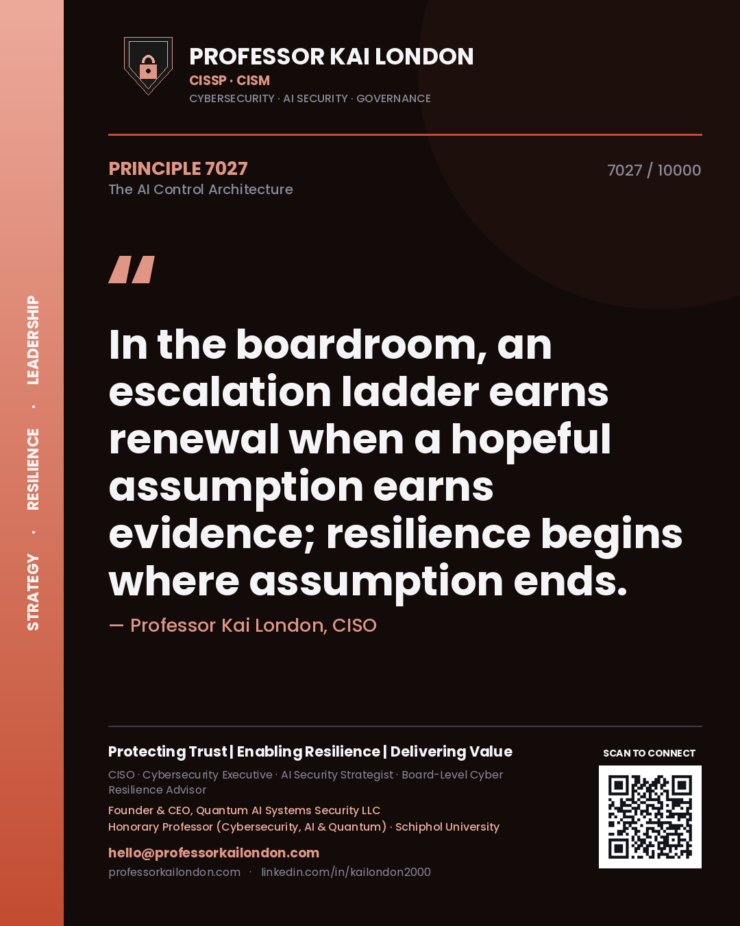 Professor Kai London principle 7027: In the boardroom, an escalation ladder earns renewal when a hopeful assumption earns evidence; resilience begins where assumption ends.