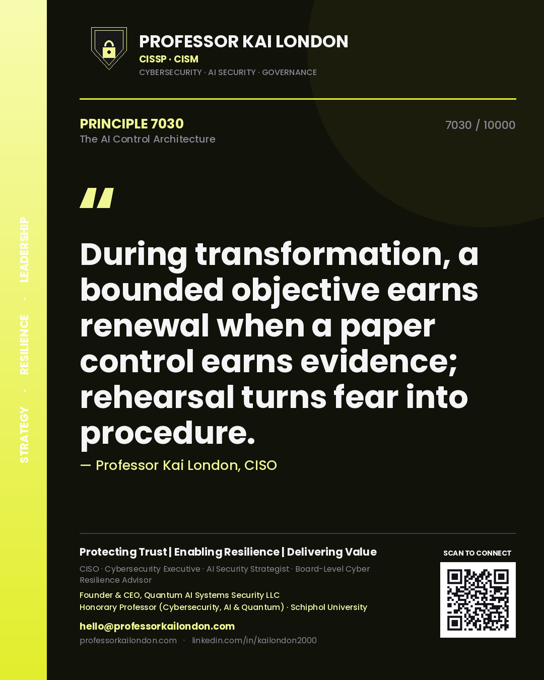 Quote card by Professor Kai London reading 'During transformation, a bounded objective earns renewal when a paper control earns evidence; rehearsal turns fear into procedure.'. From the book The AI Control Architecture.