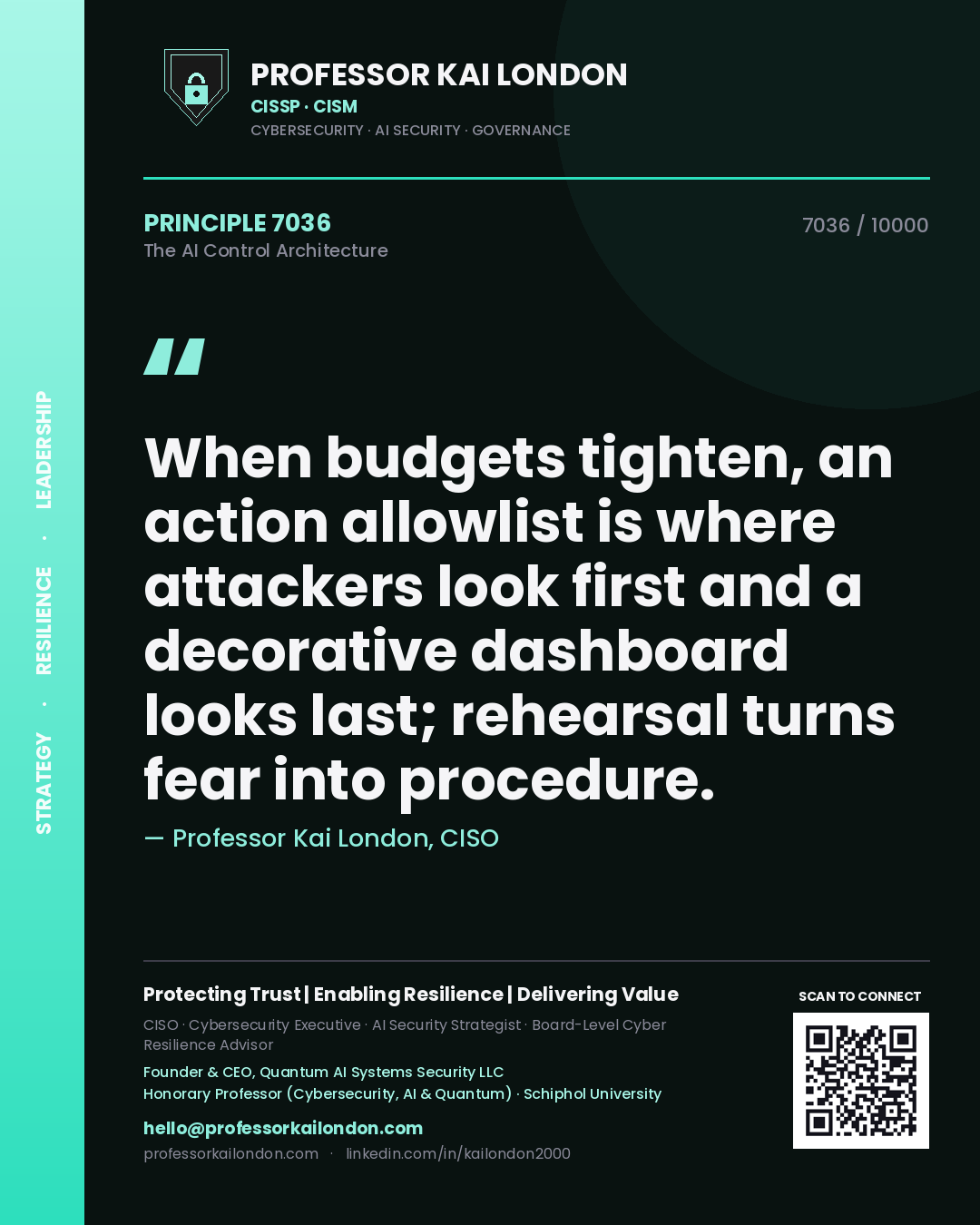 Quote card by Professor Kai London reading 'When budgets tighten, an action allowlist is where attackers look first and a decorative dashboard looks last; rehearsal turns fear into procedure.'. From the book The AI Control Architecture.