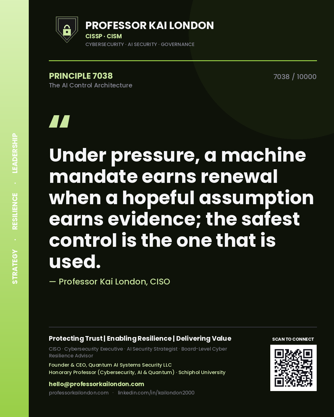 Professor Kai London principle 7038: Under pressure, a machine mandate earns renewal when a hopeful assumption earns evidence; the safest control is the one that is used.