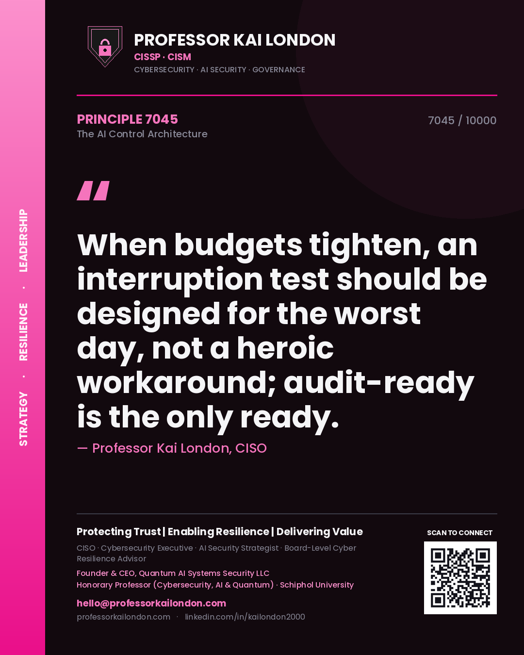 Quote card by Professor Kai London reading 'When budgets tighten, an interruption test should be designed for the worst day, not a heroic workaround; audit-ready is the only ready.'. From the book The AI Control Architecture.