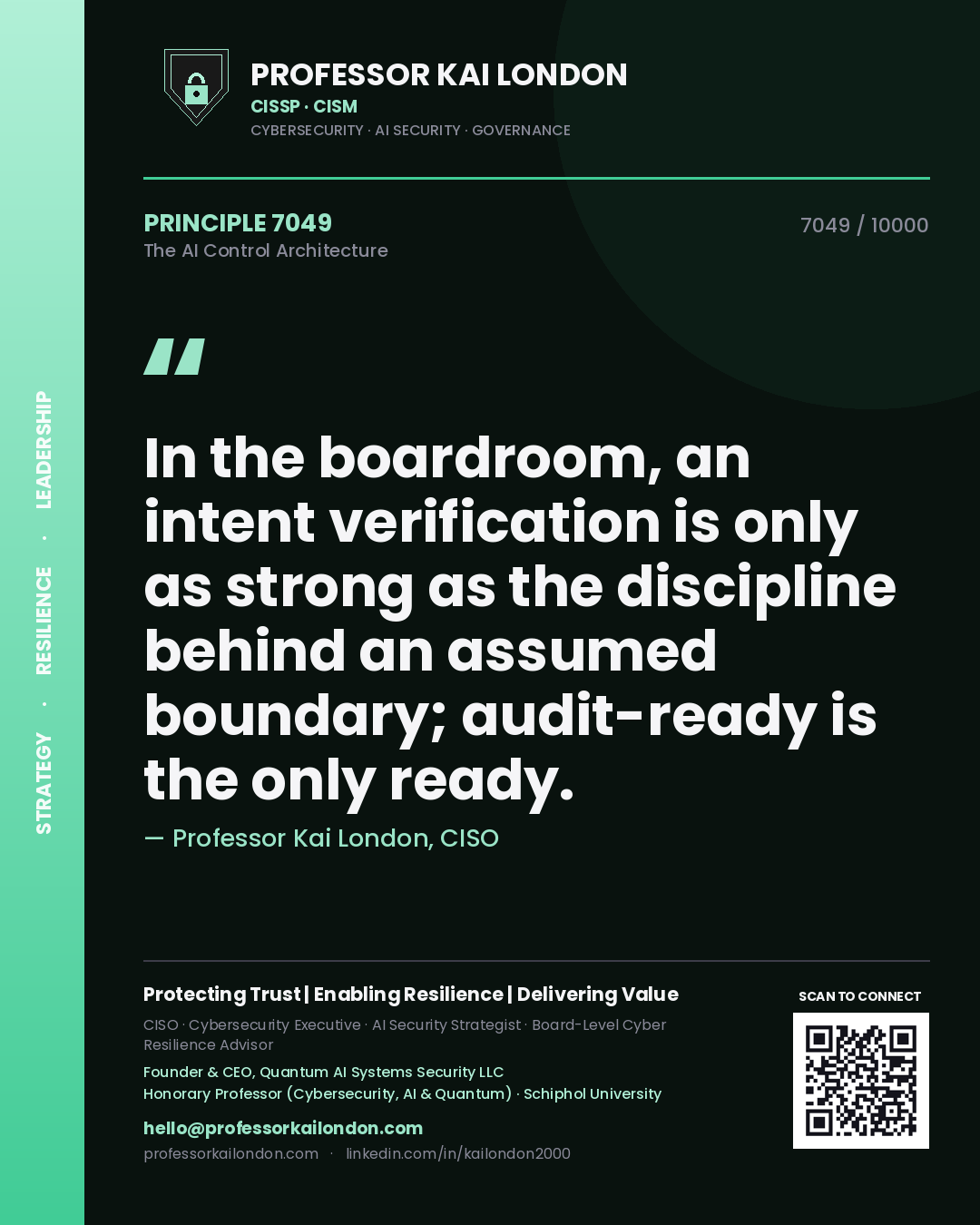 Quote card by Professor Kai London reading 'In the boardroom, an intent verification is only as strong as the discipline behind an assumed boundary; audit-ready is the only ready.'. From the book The AI Control Architecture.